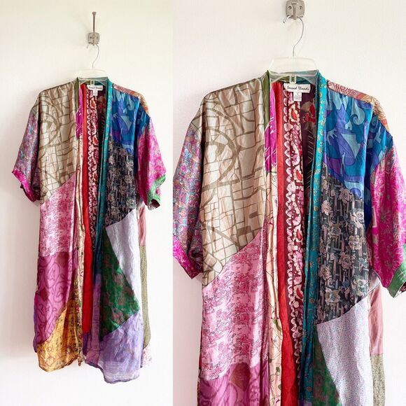 Sacred Threads Silk Kimono Robe Multicolor Patchwork Small - Picture 6 of 16
